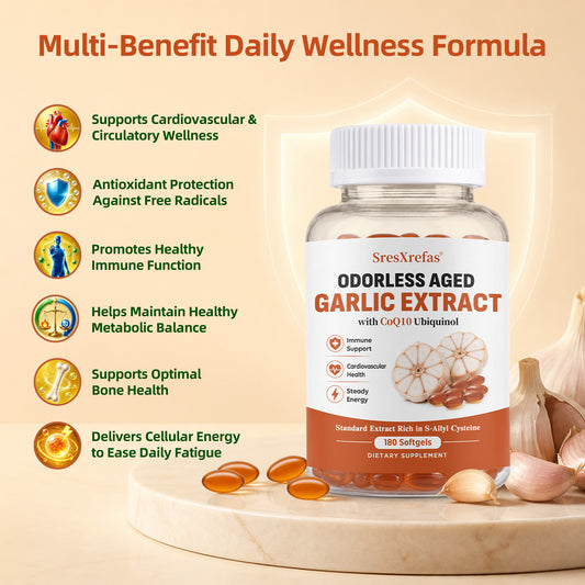 SresXrefas® Odorless Aged Garlic Extract with CoQ10 Ubiquinol – Immune & Cardiovascular Support | 180 Softgels