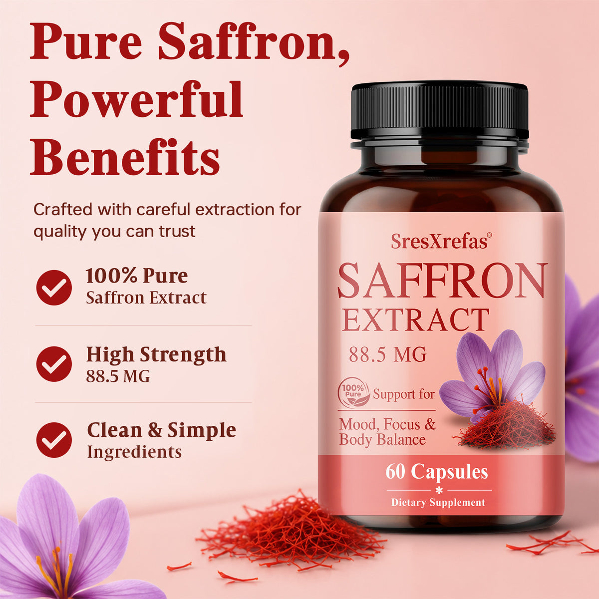 SresXrefas® Saffron Extract 88.5 mg – Mood, Focus & Body Balance Support | 60 Capsules