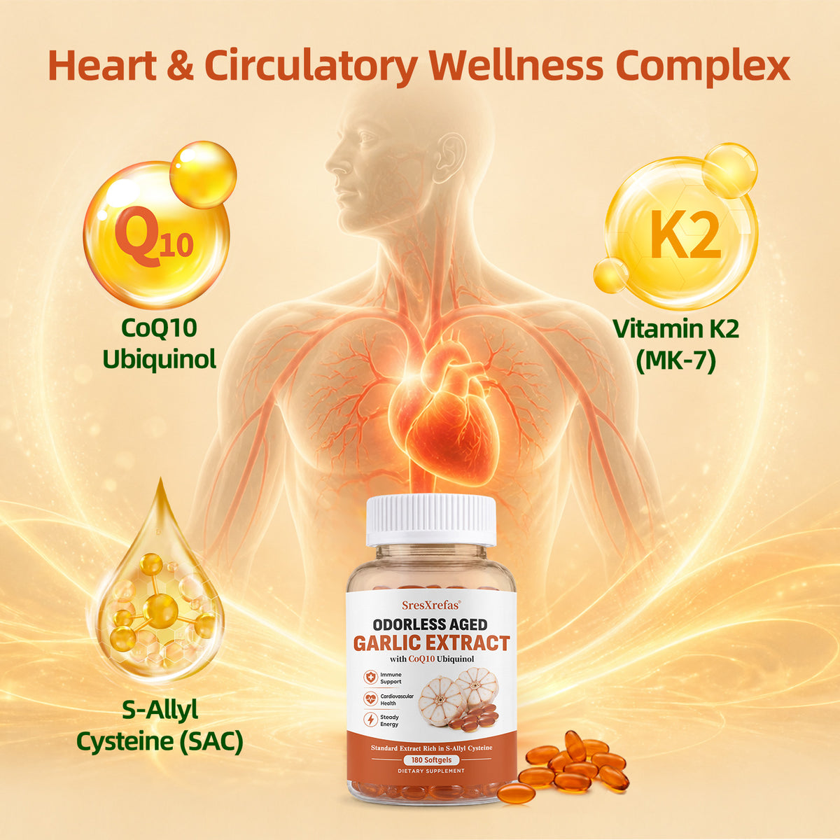 SresXrefas® Odorless Aged Garlic Extract with CoQ10 Ubiquinol – Immune & Cardiovascular Support | 180 Softgels