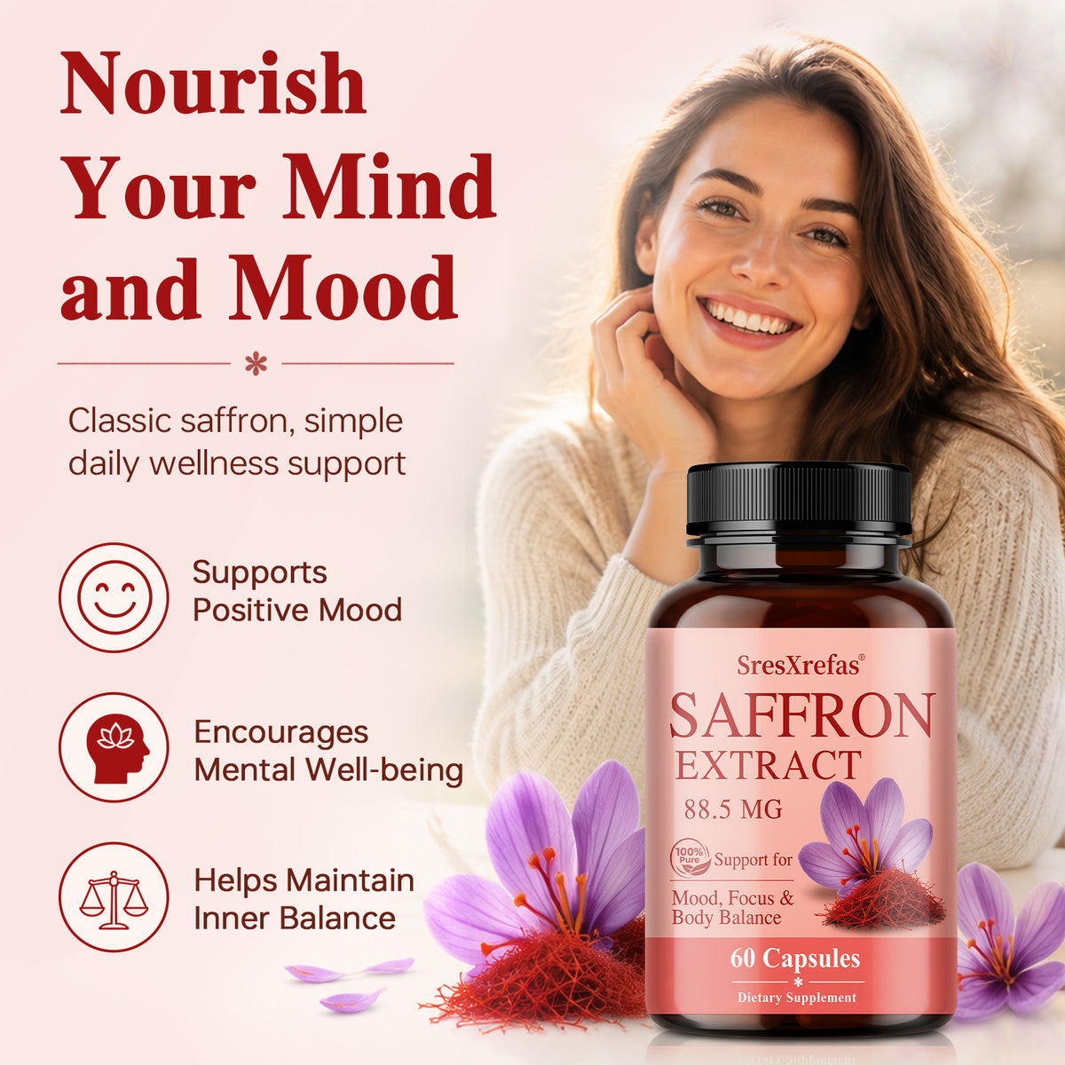 SresXrefas® Saffron Extract 88.5 mg – Mood, Focus & Body Balance Support | 60 Capsules