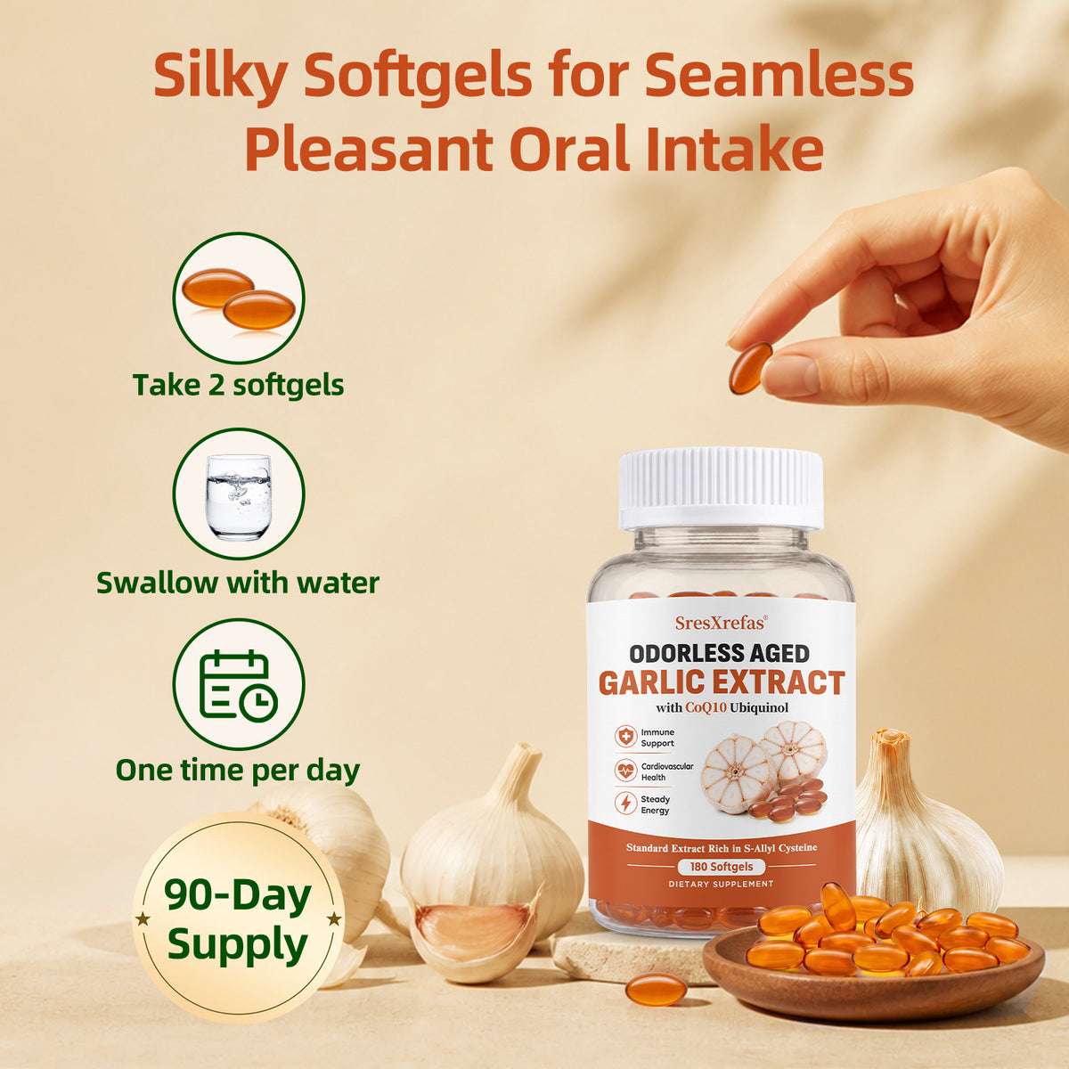 SresXrefas® Odorless Aged Garlic Extract with CoQ10 Ubiquinol – Immune & Cardiovascular Support | 180 Softgels