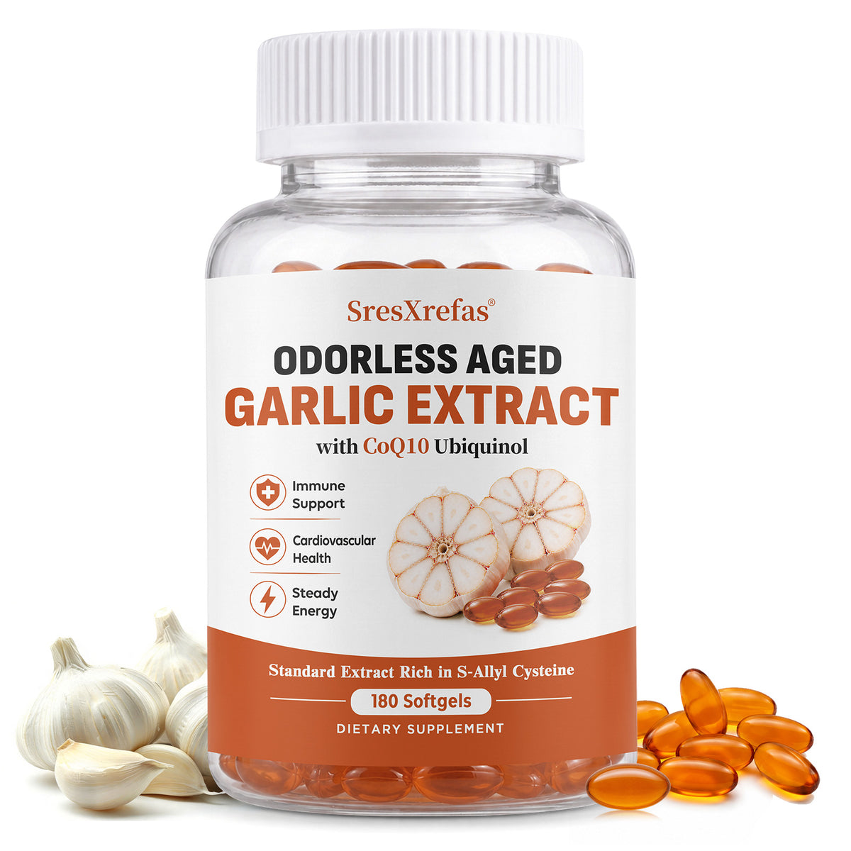 SresXrefas® Odorless Aged Garlic Extract with CoQ10 Ubiquinol – Immune & Cardiovascular Support | 180 Softgels