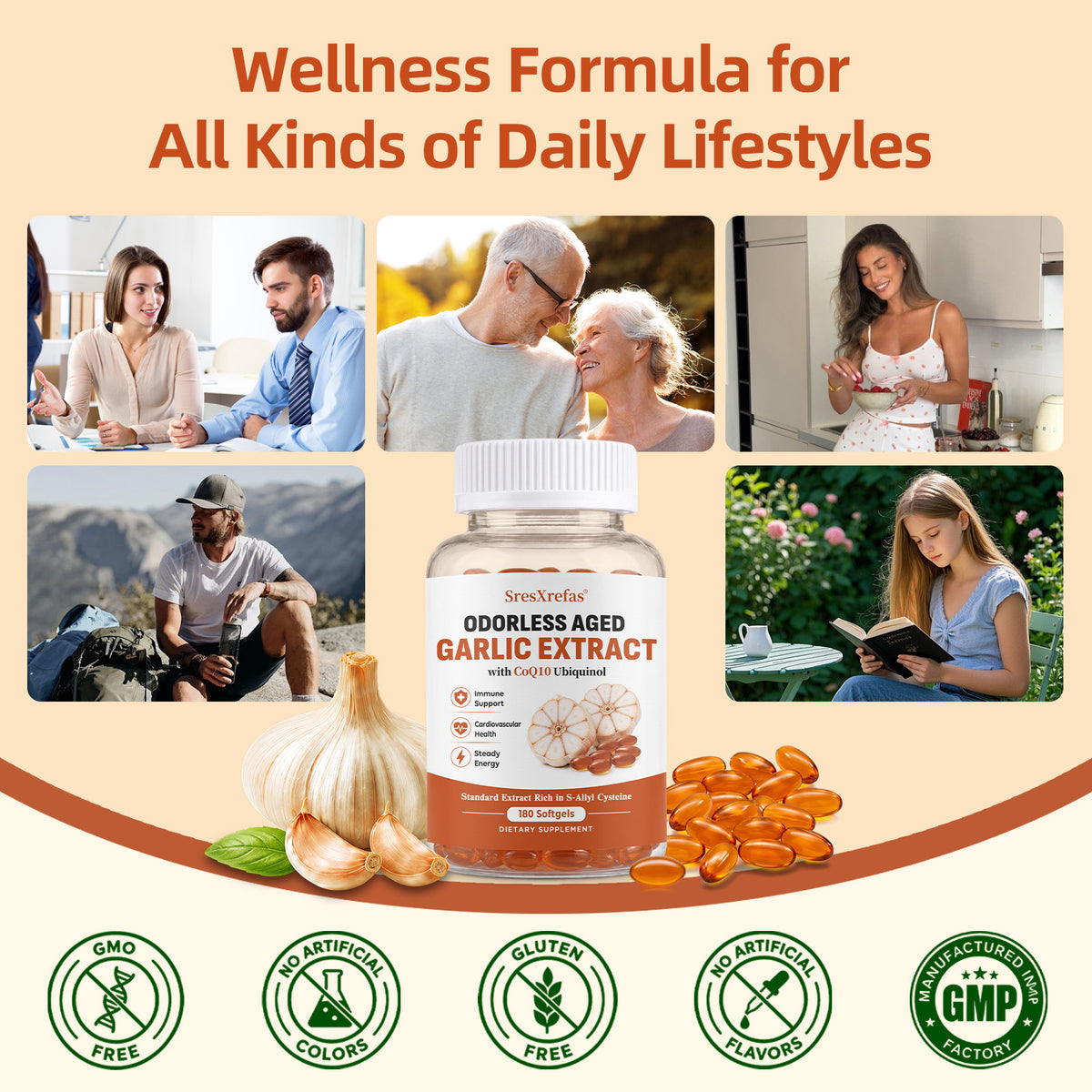 SresXrefas® Odorless Aged Garlic Extract with CoQ10 Ubiquinol – Immune & Cardiovascular Support | 180 Softgels