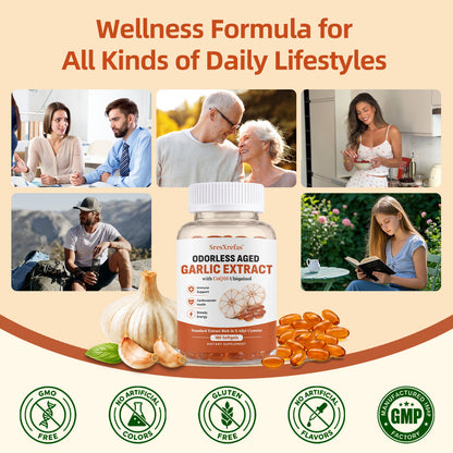 SresXrefas® Odorless Aged Garlic Extract with CoQ10 Ubiquinol – Immune & Cardiovascular Support | 180 Softgels