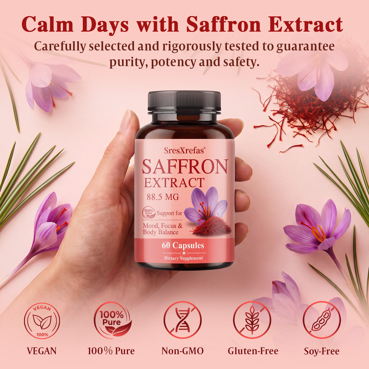 SresXrefas® Saffron Extract 88.5 mg – Mood, Focus & Body Balance Support | 60 Capsules
