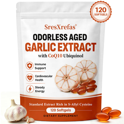 SresXrefas® Aged Garlic Extract with CoQ10 Ubiquinol – Odorless Garlic Supplement for Heart & Immune Support, 120 Softgels