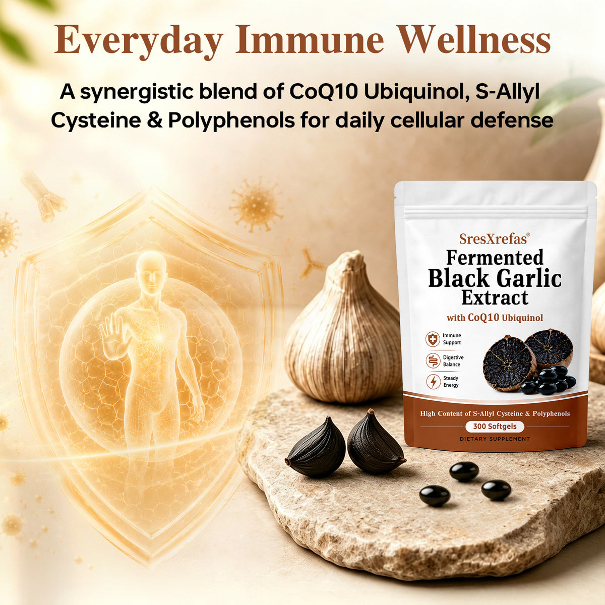 SresXrefas® Fermented Black Garlic Extract with CoQ10 Ubiquinol – Immune & Digestive Support | 300 Softgels