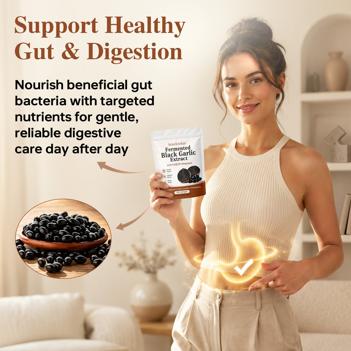 SresXrefas® Fermented Black Garlic Extract with CoQ10 Ubiquinol – Immune & Digestive Support | 300 Softgels