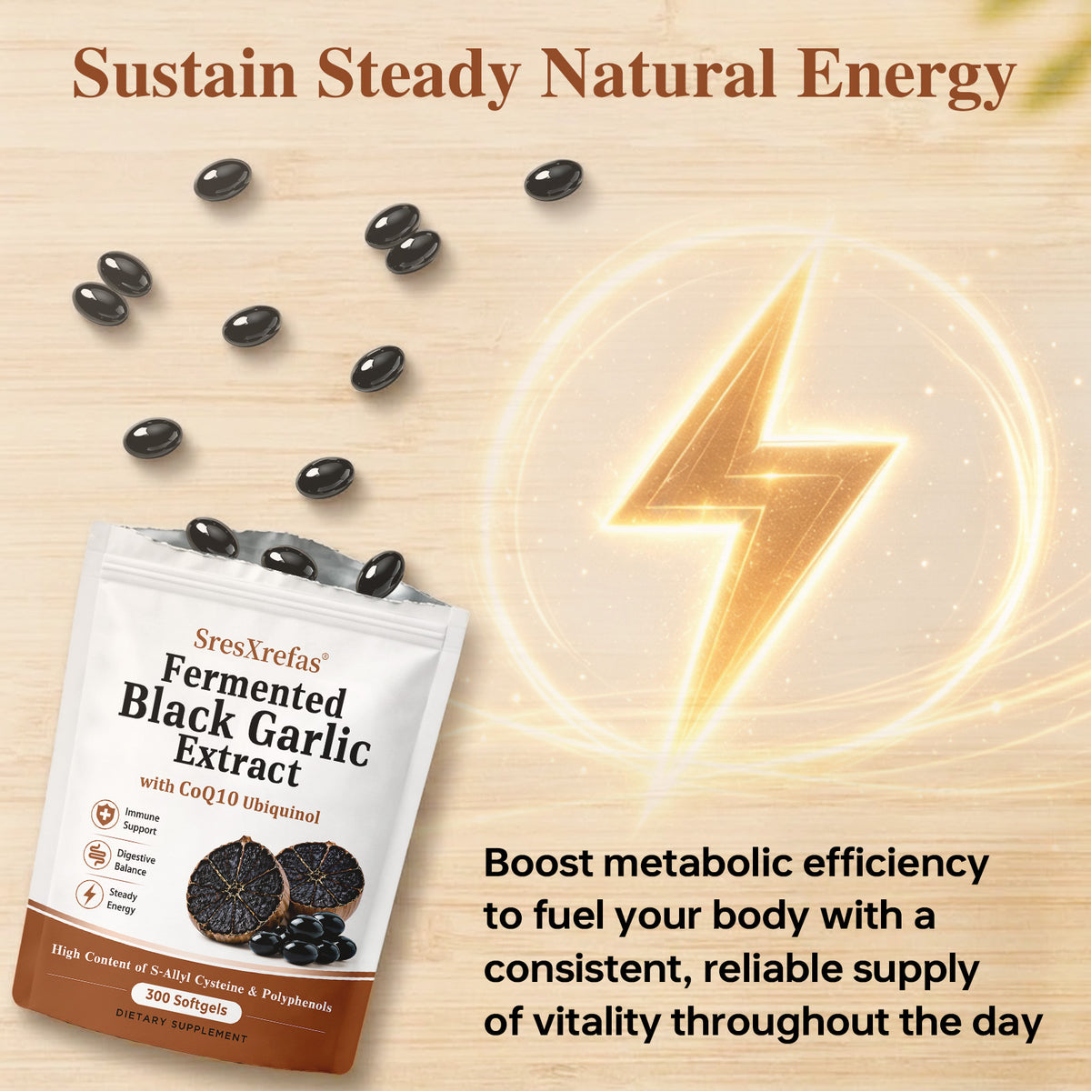 SresXrefas® Fermented Black Garlic Extract with CoQ10 Ubiquinol – Immune & Digestive Support | 300 Softgels