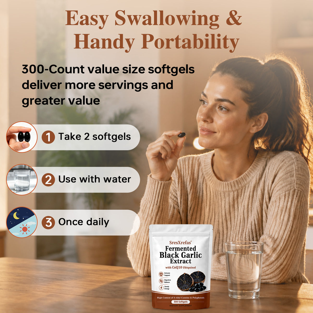 SresXrefas® Fermented Black Garlic Extract with CoQ10 Ubiquinol – Immune & Digestive Support | 300 Softgels