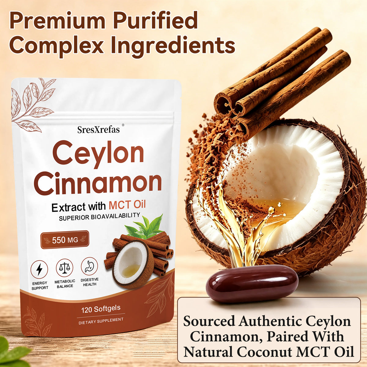SresXrefas® Ceylon Cinnamon Extract with MCT Oil 550 mg – Energy & Digestive Support | 120 Softgels