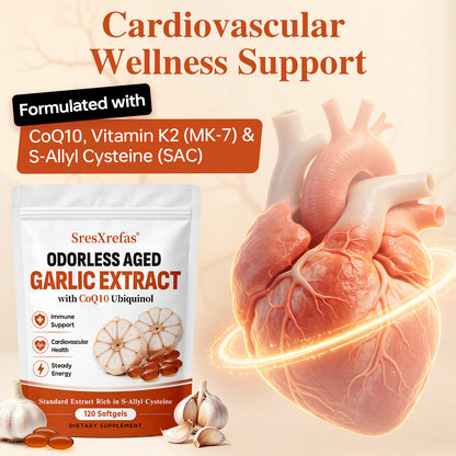 SresXrefas® Aged Garlic Extract with CoQ10 Ubiquinol – Odorless Garlic Supplement for Heart & Immune Support, 120 Softgels
