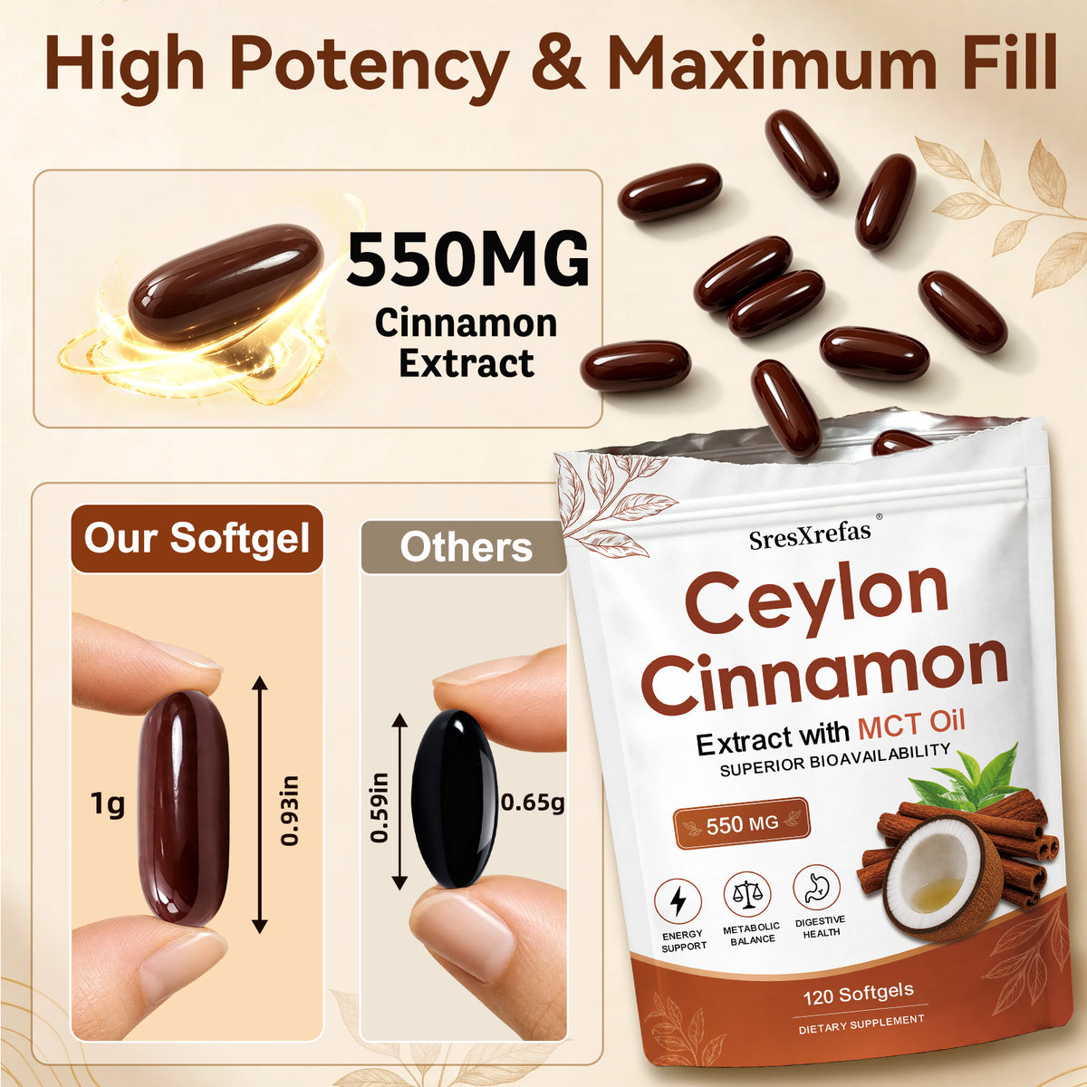 SresXrefas® Ceylon Cinnamon Extract with MCT Oil 550 mg – Energy & Digestive Support | 120 Softgels