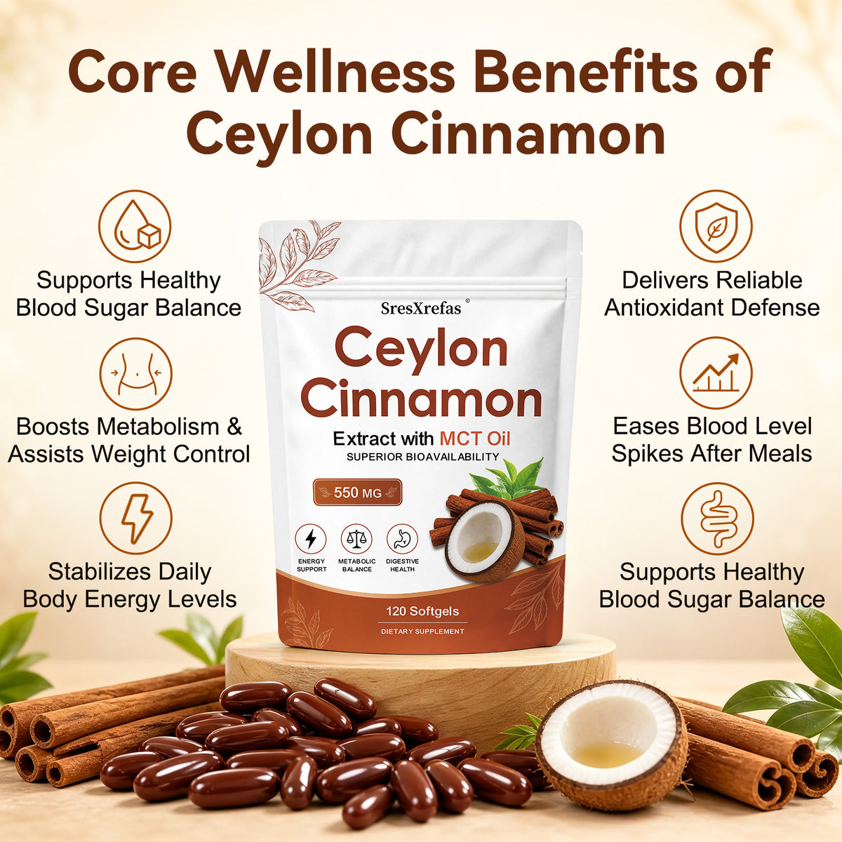 SresXrefas® Ceylon Cinnamon Extract with MCT Oil 550 mg – Energy & Digestive Support | 120 Softgels