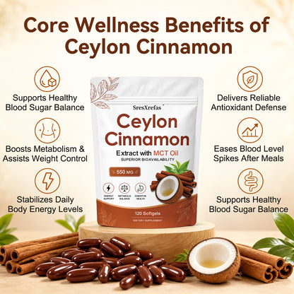 SresXrefas® Ceylon Cinnamon Extract with MCT Oil 550 mg – Energy & Digestive Support | 120 Softgels