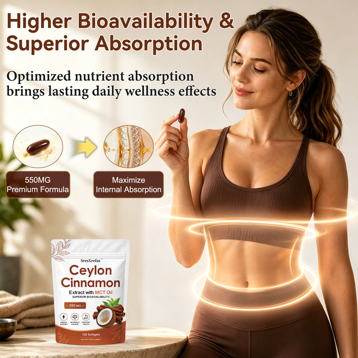 SresXrefas® Ceylon Cinnamon Extract with MCT Oil 550 mg – Energy & Digestive Support | 120 Softgels