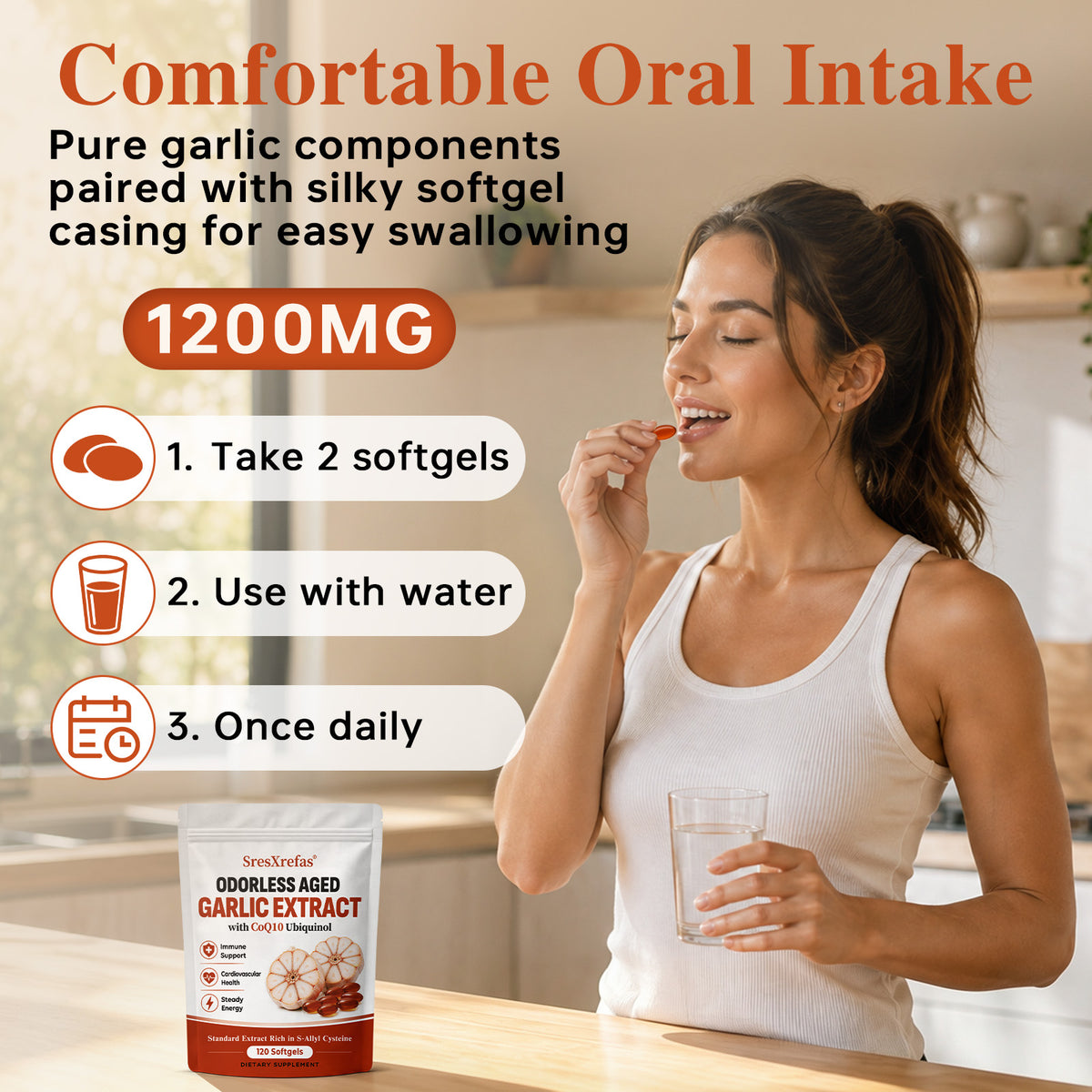 SresXrefas® Aged Garlic Extract with CoQ10 Ubiquinol – Odorless Garlic Supplement for Heart & Immune Support, 120 Softgels
