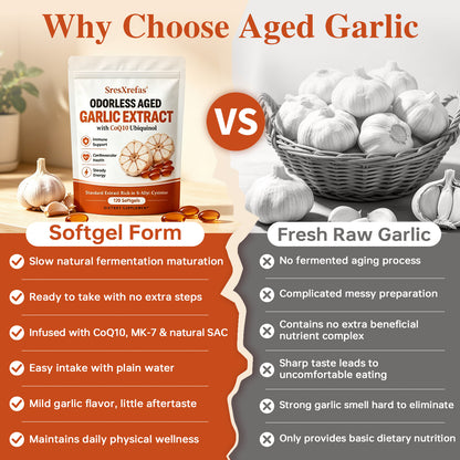 SresXrefas® Aged Garlic Extract with CoQ10 Ubiquinol – Odorless Garlic Supplement for Heart & Immune Support, 120 Softgels